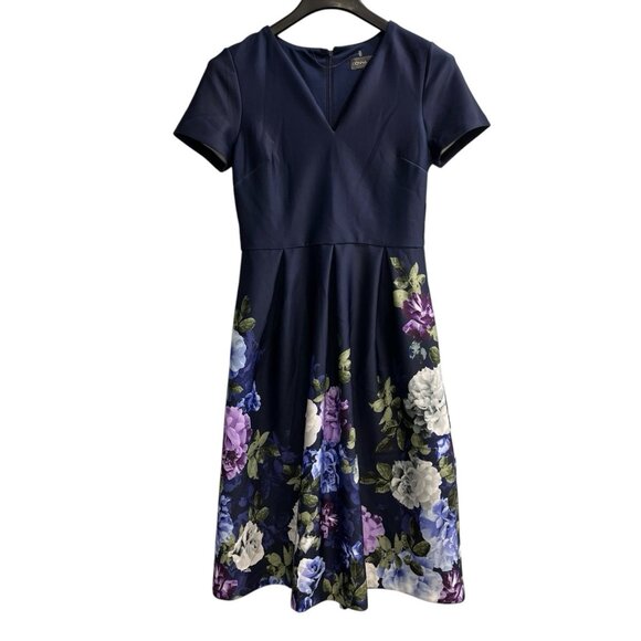 Donna Ricco Dress Women 6 Blue Scuba Knit Floral ALine Midi Office Church Easter - Picture 1 of 12